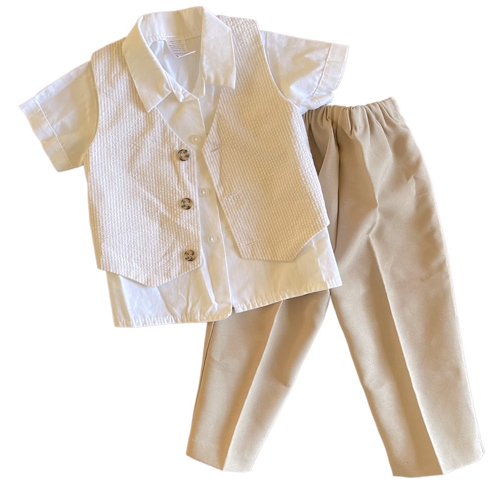 18-24 mos. 3 piece set - short sleeved white button down, vest and khaki pants